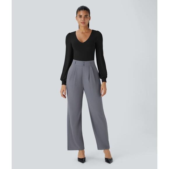 Halara Black V-Neck Long Sleeve Puff Sleeve Work Bodysuit Size Medium NEW - Picture 7 of 11